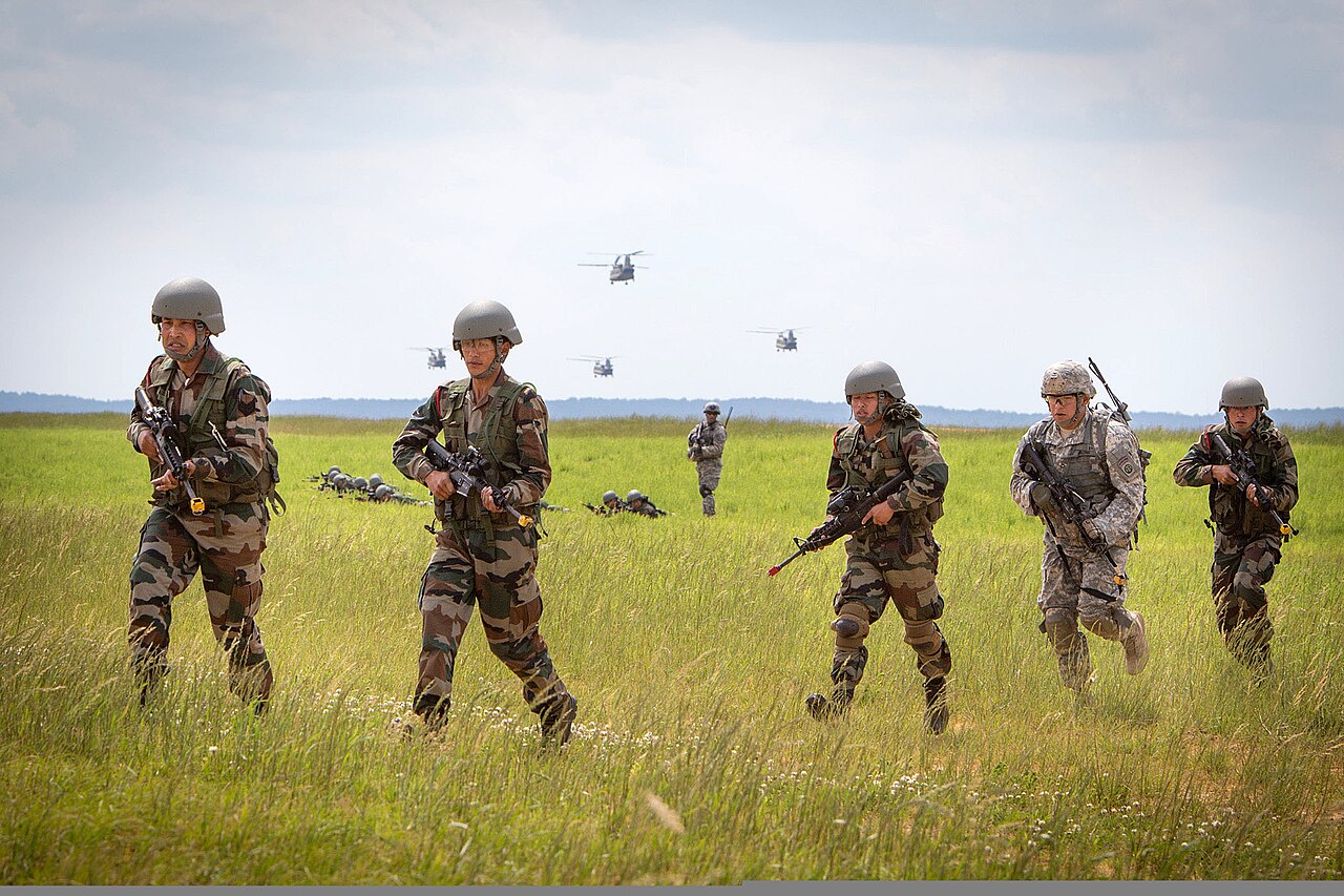 Men of the 2nd Battalion, 5th Gorkha Rifles (Frontier Force) of the Indian Army operating alongside soldiers from the 82nd Airborne Division of the US Army in 2013