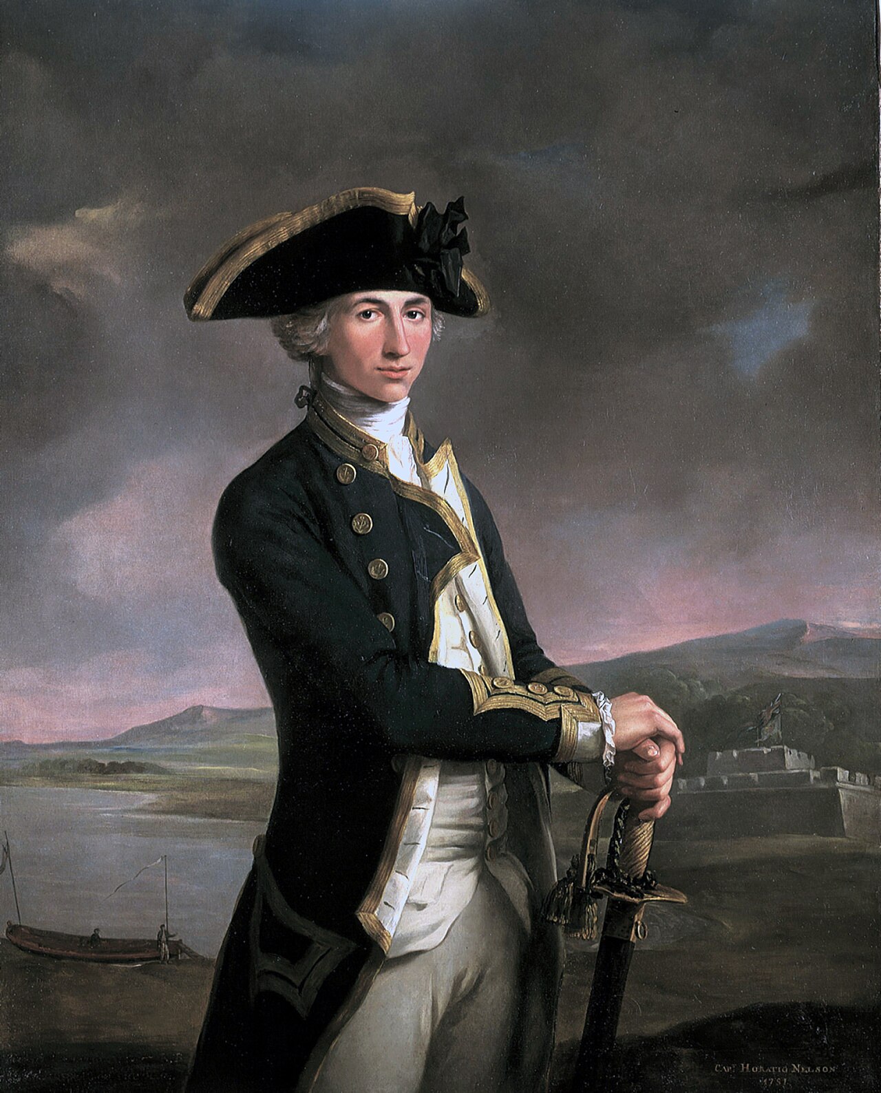 Captain Horatio Nelson, painted by John Francis Rigaud in 1781, with Fort San Juan—the scene of his most notable achievement till then—in the background.[19]